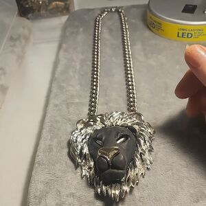 Silver and Black Lion Pendant Necklace..raza